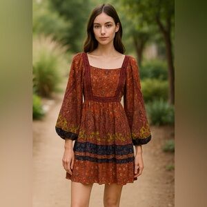ANGIE Boho Floral Peasant Dress with Balloon Sleeves – Size S AA03
